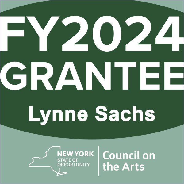lightgreen background with dark green oval surrounding text that reads FY2024 Grantee Lynne Sachs in white sans serif text. new york council for the arts logo in white below
