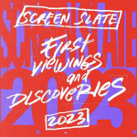 screenslate first viewings and discoveries 2023 purple and red background with white handwritten text